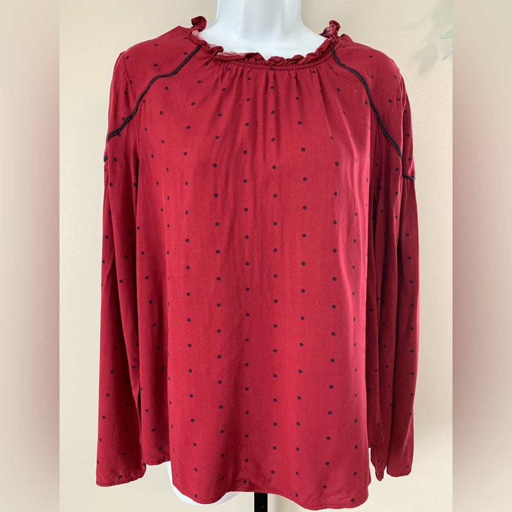 Crown & Ivy Maroon Blouse with Navy Dots and Trim - Picture 15 of 16